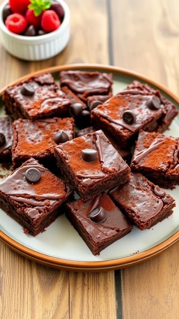 A plate of healthy air fryer brownies, rich in chocolate, garnished with cocoa powder and chocolate chips, served with fresh berries.